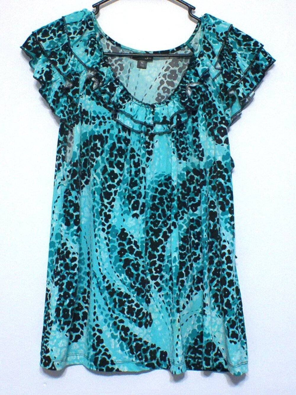 East 5th XL Teal Black Animal Print Blouse Short Sleeve Stretch Lightweight